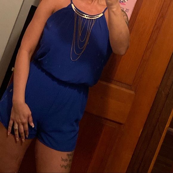 Woman’s bright blue romper with attached necklace - Picture 3 of 7